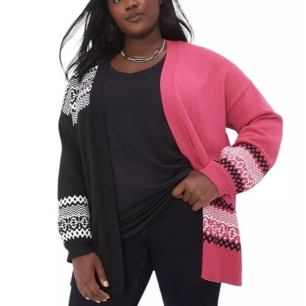 Lane Bryant Womens Plus Size 22/24 Two Tone Fair Isle Soft Cardigan Sweater Pink